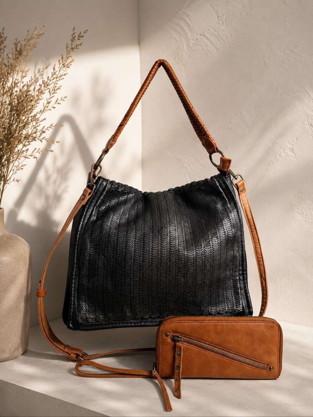 Free People Black Textured Hobo Bag & Matching Wallet Set Vegan Leather Boho EUC
